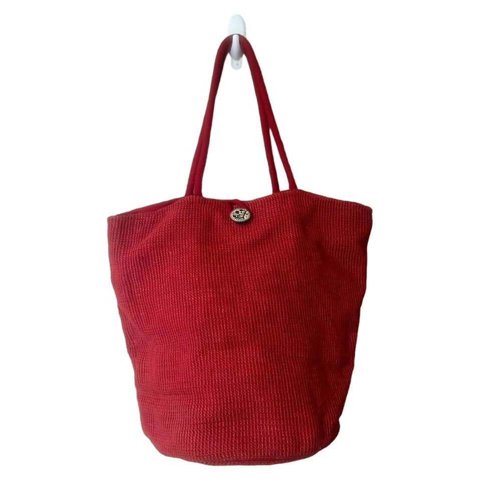 World Market Jute Cotton Bucket Shoulder Tote Picnic Bag‎ Purse Large Red